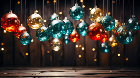 Colorful christmas baubles on wooden background. New Year conceptの素材