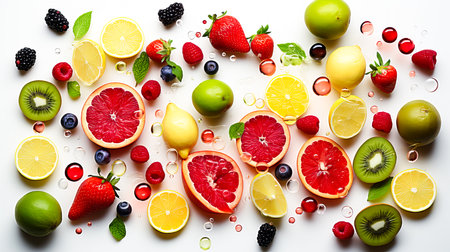 Variety of fresh fruits and berries on white background, top viewの素材