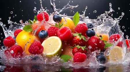 Fruit mix with water splash on black background. Healthy food concept.の素材