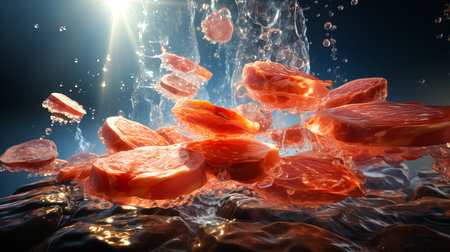 Salami slices falling into water. 3d rendering, 3d illustration.の素材