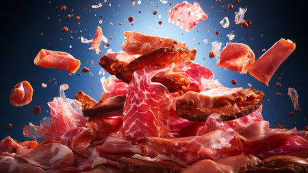 Pieces of jamon falling into the air. 3d renderingの素材