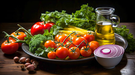 Fresh vegetables and olive oil on rustic wooden table, selective focusの素材