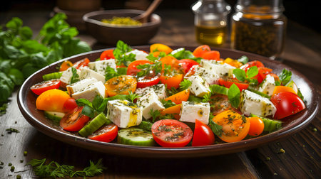 Greek salad with feta cheese, cherry tomatoes, herbs and spicesの素材