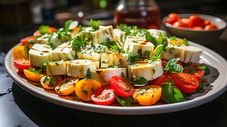 Greek salad with feta cheese, cherry tomatoes and herbs on a black backgroundの素材