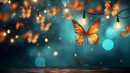 Butterflies and lights with bokeh effect. 3d renderingの素材