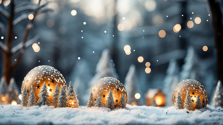christmas lanterns in the snowy forest with bokeh effectの素材