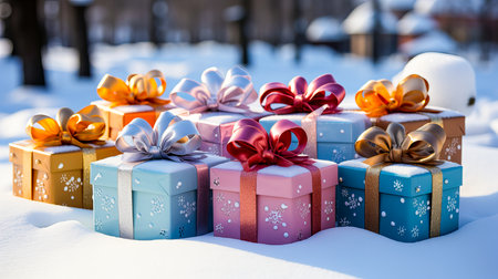 Colorful gift boxes on snow background. Christmas, New Year concept.の素材