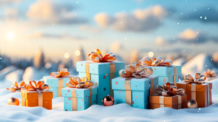 Christmas gift boxes in snow with bokeh effect. 3D rendering.の素材