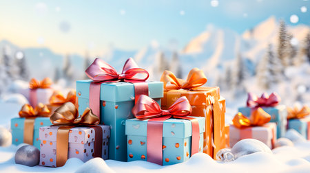 Christmas background with gift boxes and golden Christmas balls on snow.の素材