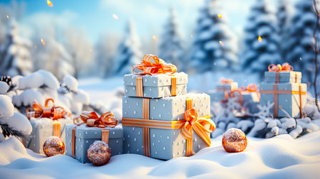 Gift boxes on snow in winter forest. Christmas and New Year background.の素材