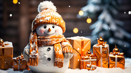 Snowman with gifts and christmas tree on bokeh backgroundの素材