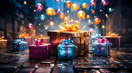 Christmas presents with colorful bokeh lights on dark wooden background.の素材