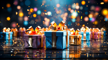 Gift boxes with ribbons and bows on bokeh backgroundの素材