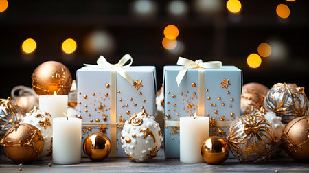 Christmas gift boxes with gold and white ribbons and candles on bokeh backgroundの素材