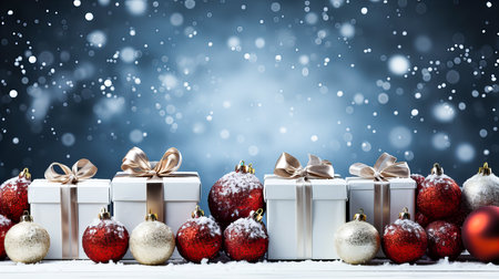 Christmas greeting card with gift boxes and baubles on snowy backgroundの素材