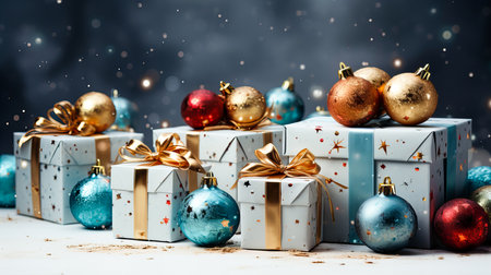 Christmas background with gift boxes and baubles on a dark backgroundの素材