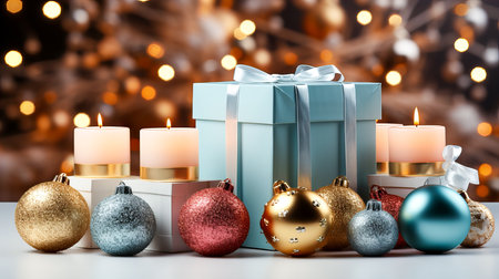 Christmas gift box with candles and baubles on bokeh backgroundの素材