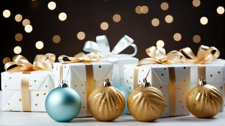 Christmas decoration with gift boxes and balls on bokeh background.の素材