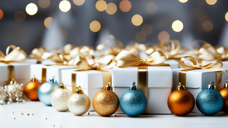 Christmas gift boxes with golden bows and baubles on bokeh backgroundの素材