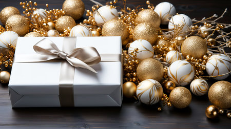 Christmas gift box with golden baubles on a dark wooden backgroundの素材