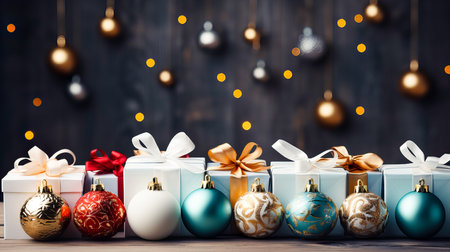 Colorful Christmas ornaments on wooden background with bokeh lightsの素材