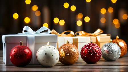 Christmas background with gift boxes and christmas tree decorations on bokeh background. Generative AI technology.の素材
