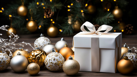 Christmas gift box with gold and white baubles on wooden backgroundの素材