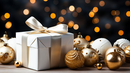 Christmas gift box with golden baubles on bokeh backgroundの素材