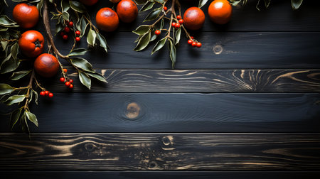 Christmas decoration on dark wooden background. Top view with copy space.の素材