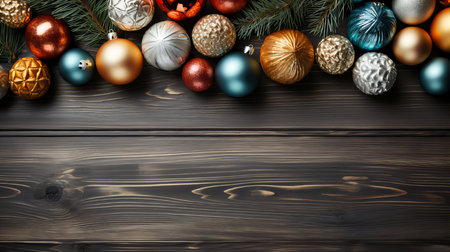 Christmas background with baubles and fir tree branches on wooden boardの素材