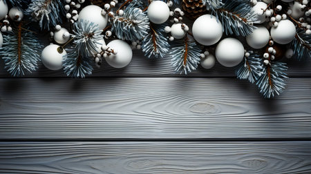 Christmas background with fir branches and white baubles on wooden boardの素材