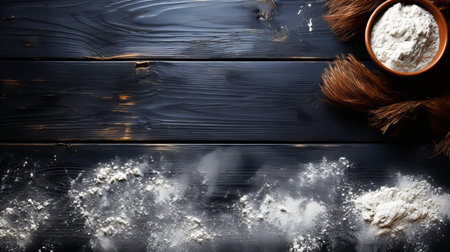 Flour spilling on black wooden background. Fresh bread on black background. Top view with copy space. Bakery concept. Generative AI technology.の素材
