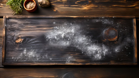 Wooden board with flour and spices on a dark wooden background.の素材