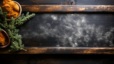 Spices and herbs on rustic wooden background. Top view with copy spaceの素材