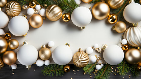 Christmas and New Year background with golden and white baubles and fir branches on black wooden table. Top view with copy space.の素材