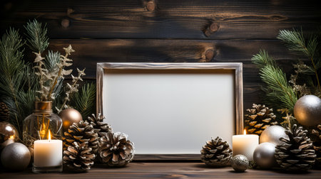 Wooden frame with christmas decoration on rustic wooden background.の素材