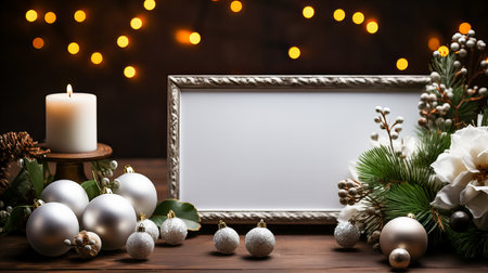 Christmas greeting card with white and silver baubles, candles and fir branches on wooden backgroundの素材