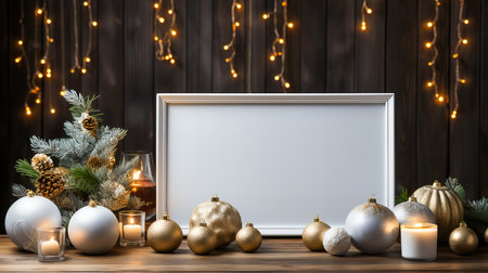Mock up frame with christmas decoration on wooden background, 3d renderの素材