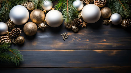 Christmas decoration on black wooden background. Top view with copy space.の素材