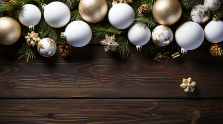 Christmas decoration on wooden background with copy space for text. Top view.の素材