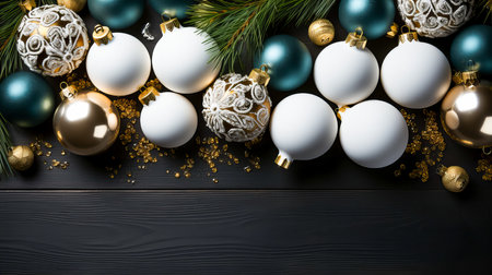 Christmas background with baubles and fir tree branches on black wooden tableの素材
