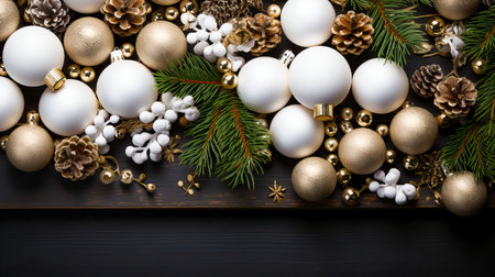 Christmas decoration on black wooden background. Top view with copy space.の素材