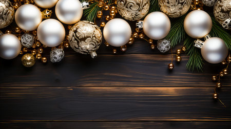 Christmas and New Year background. Christmas decorations on a wooden background.の素材