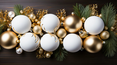 Christmas background with golden and white baubles and pine branches.の素材