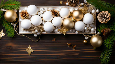 Christmas background with white and golden baubles and pine cones on wooden boardの素材