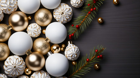 Christmas baubles and fir tree branch on black wooden background.の素材