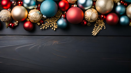 Christmas decoration on black wooden background. Top view with copy space.の素材