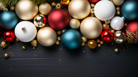 Christmas decoration on black wooden background. Top view with copy space.の素材