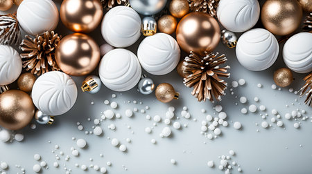 Christmas and New Year background with gold, silver and white baubles and pine conesの素材