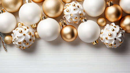 Christmas and New Year holiday background with gold and white baubles.の素材